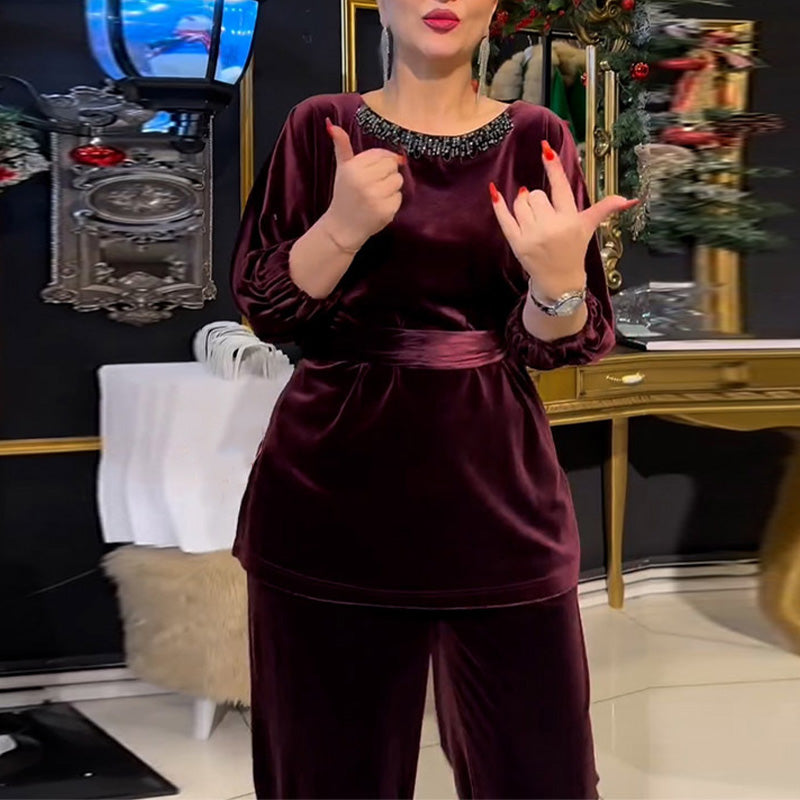Round Neck Rhinestone Top & Wide-Leg Pants 2-Piece Set