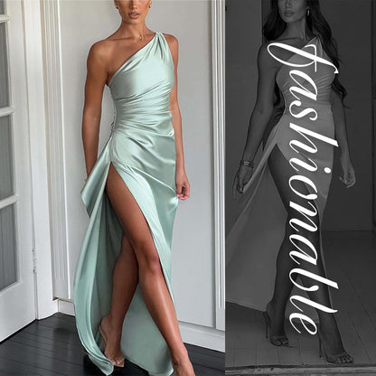 💜 LAST DAY PROMOTION 50%OFF 💜Fits Your Curves Satin One Shoulder Drape Slit Maxi Dress