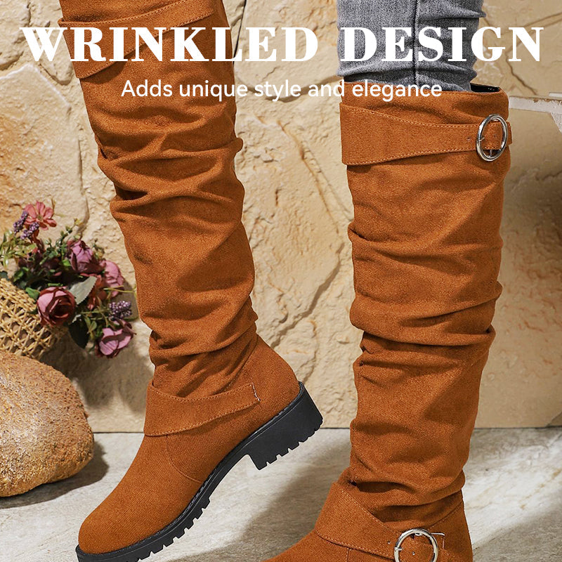 Women’s Wrinkled Knee-High Boots with Buckle Straps