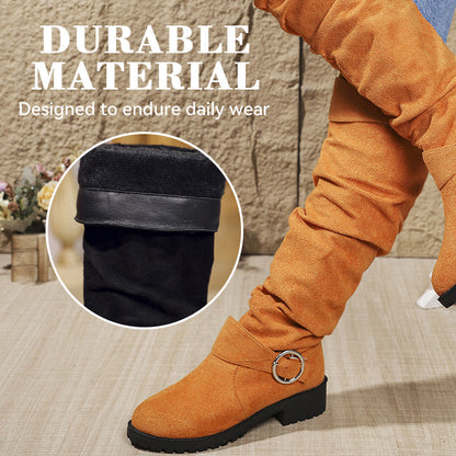 Women’s Wrinkled Knee-High Boots with Buckle Straps