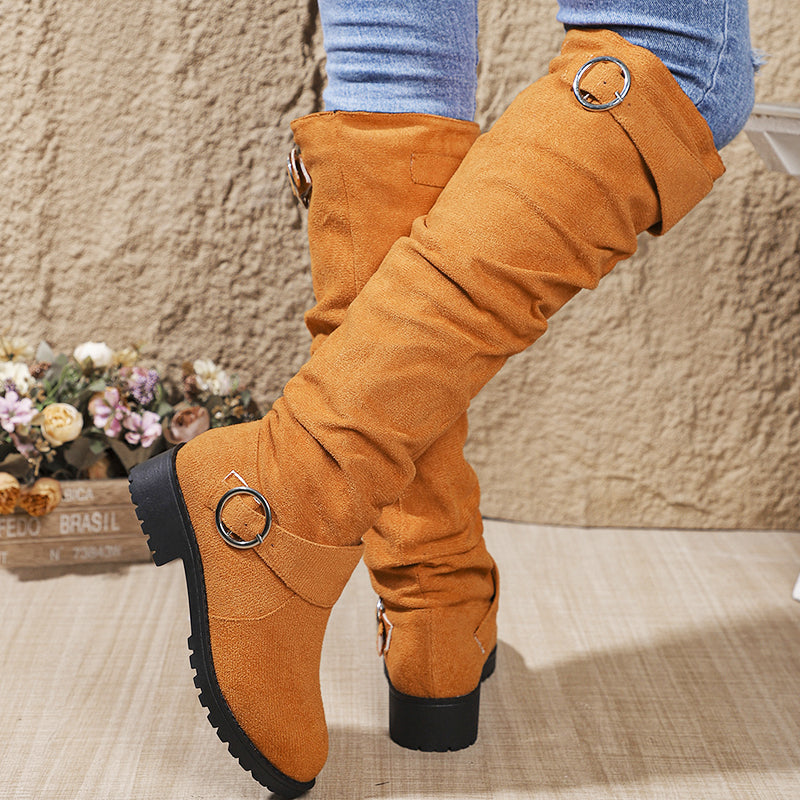 Women’s Wrinkled Knee-High Boots with Buckle Straps