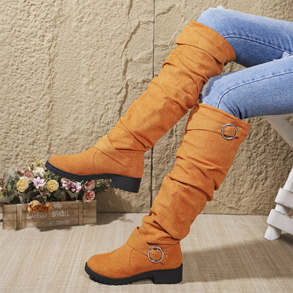 Women’s Wrinkled Knee-High Boots with Buckle Straps