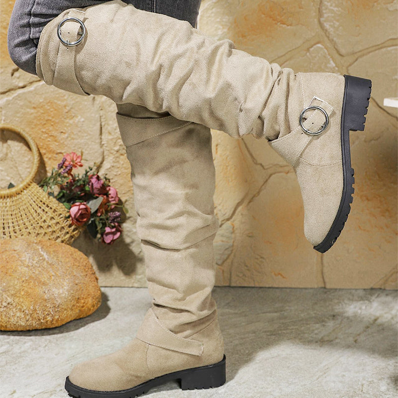 Women’s Wrinkled Knee-High Boots with Buckle Straps