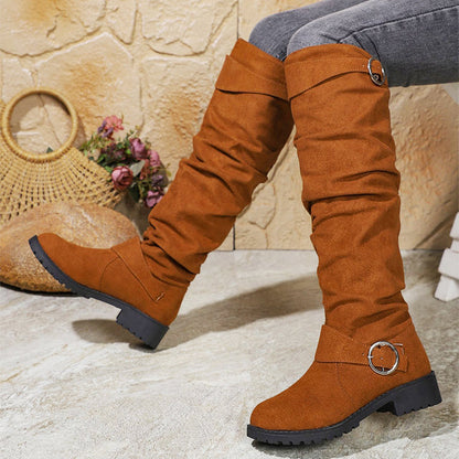 Women’s Wrinkled Knee-High Boots with Buckle Straps