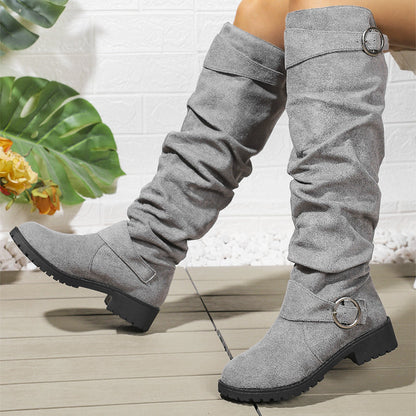 Women’s Wrinkled Knee-High Boots with Buckle Straps