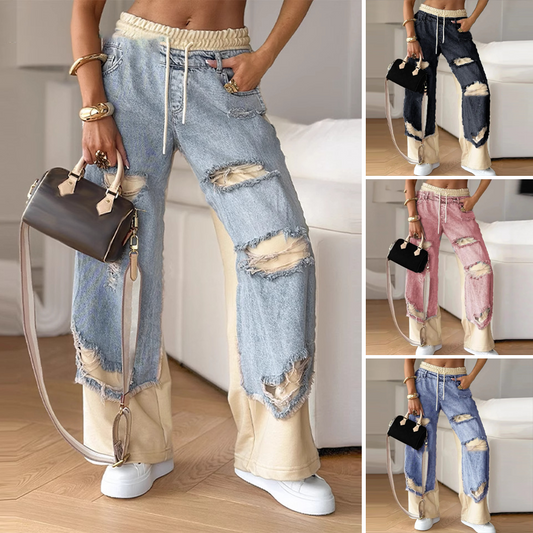 🍁Early Autumn Special Offer✨Patchwork Denim Elastic Drawstring Wide-Leg Pants