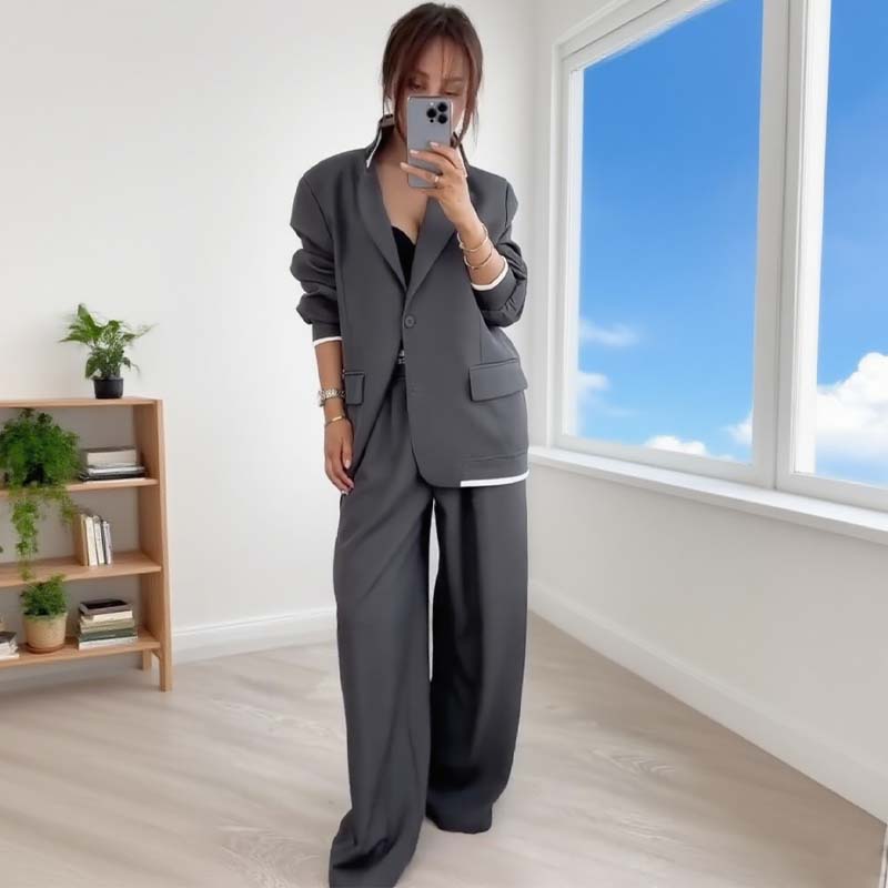 Women's Long Sleeve Blazer & Wide Leg Pant 2-Piece Set