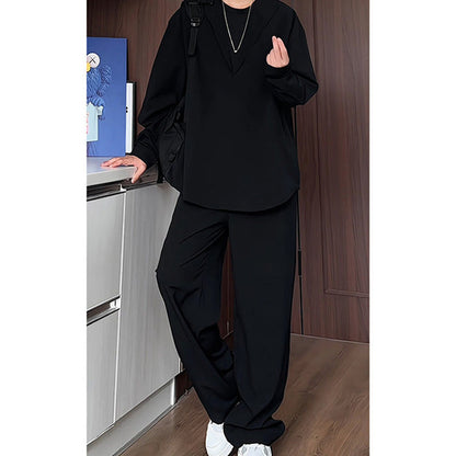 False Two-Piece V-Neck Shirt & Pants Set