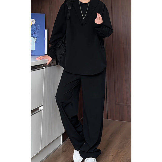 False Two-Piece V-Neck Shirt & Pants Set