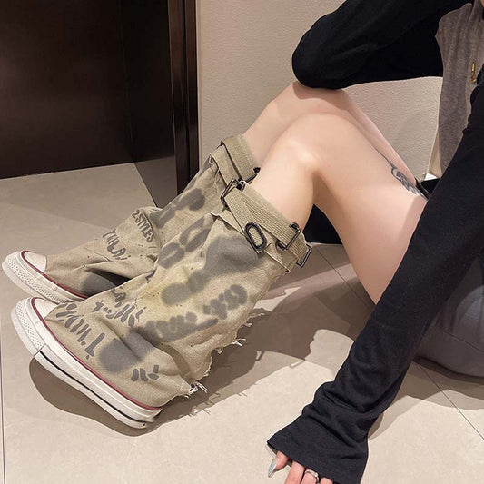 Women's Retro Flat Slouch Mid-Calf Canvas Boots