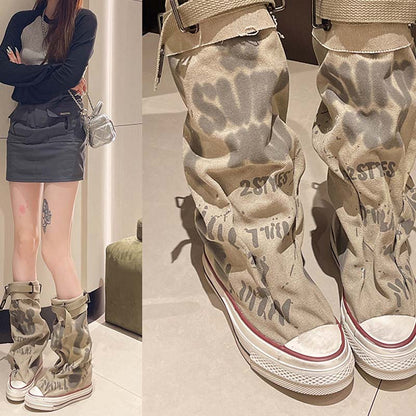 Women's Retro Flat Slouch Mid-Calf Canvas Boots