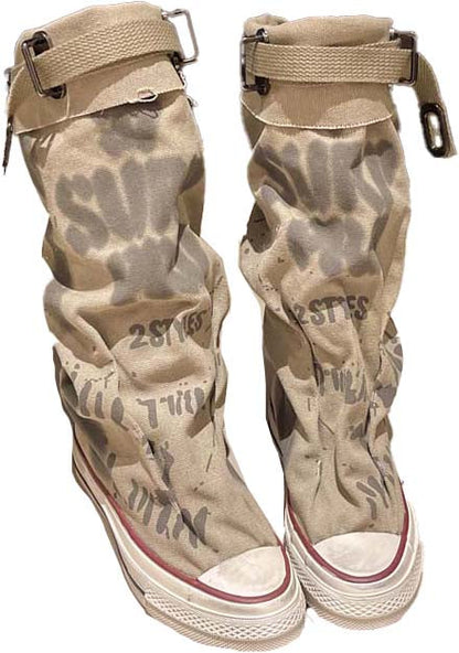 Women's Retro Flat Slouch Mid-Calf Canvas Boots