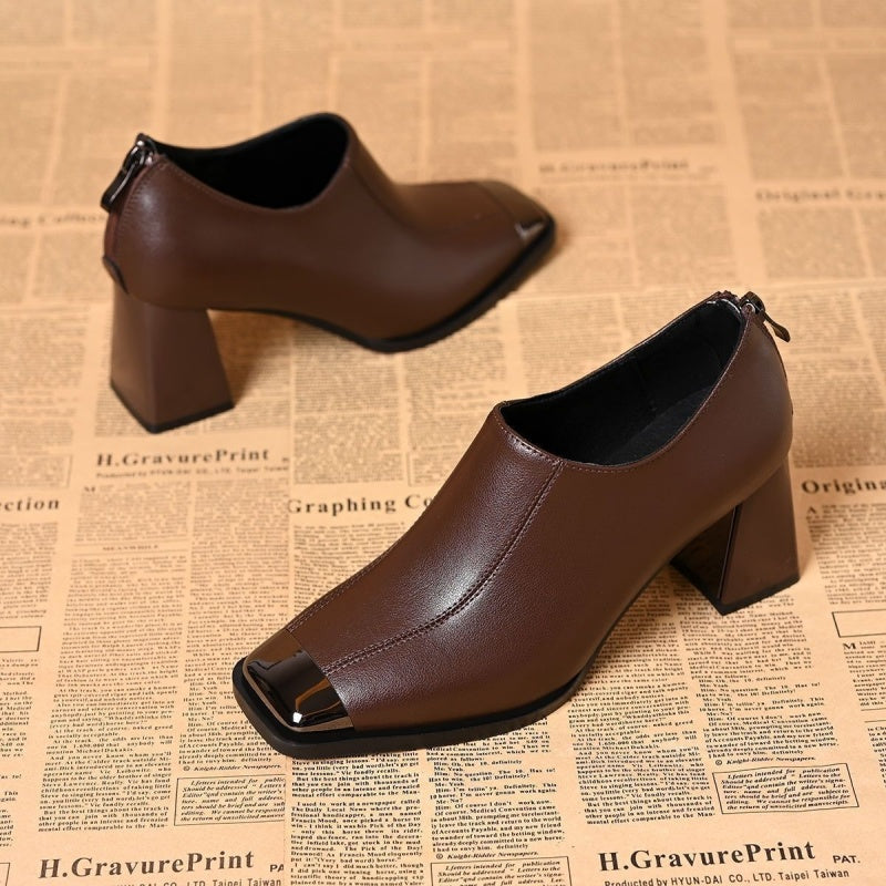 Women's Square-Toe Chunky Heel Shoes with Zipper