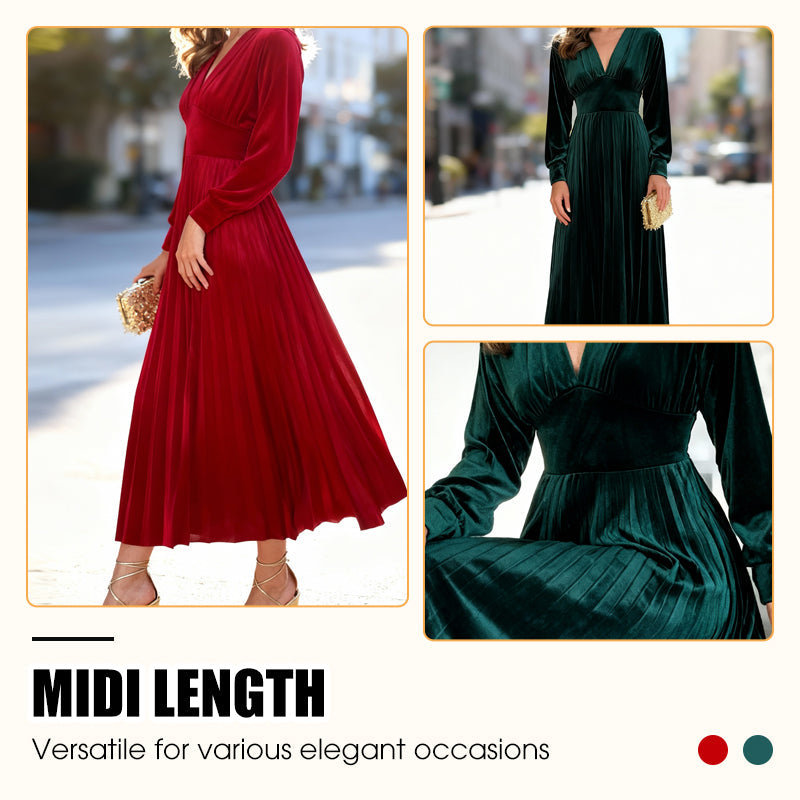 Women's Christmas Party Dress | Elegant V-Neck Waist Cinching Midi | Holiday Wedding Guest Outfit