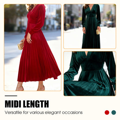 Women's Christmas Party Dress | Elegant V-Neck Waist Cinching Midi | Holiday Wedding Guest Outfit