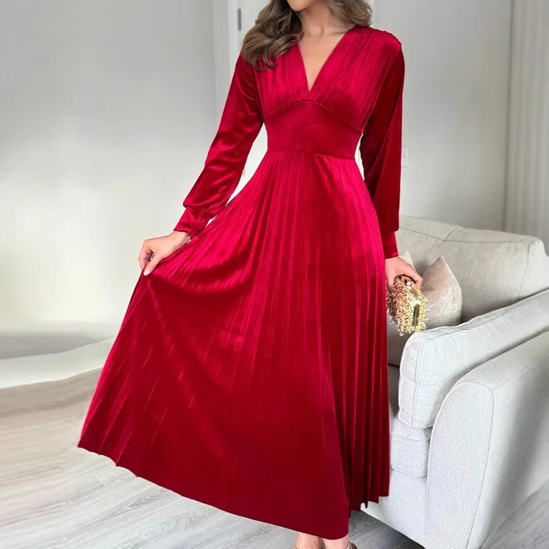 Women's Christmas Party Dress | Elegant V-Neck Waist Cinching Midi | Holiday Wedding Guest Outfit