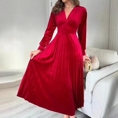 Women's Christmas Party Dress | Elegant V-Neck Waist Cinching Midi | Holiday Wedding Guest Outfit