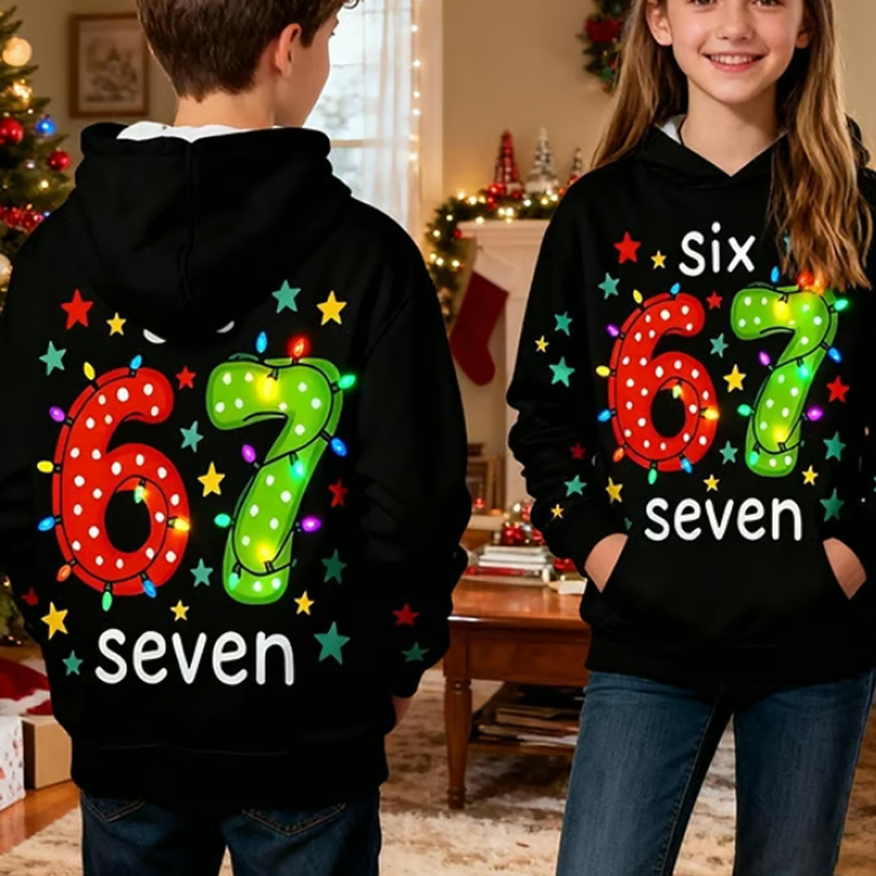 ✨🎅Last-Minute Christmas Offers 🎄⏰Kids' "67" Graphic Christmas Pullover Hoodies
