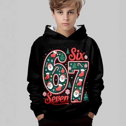 ✨🎅Last-Minute Christmas Offers 🎄⏰Kids' "67" Graphic Christmas Pullover Hoodies