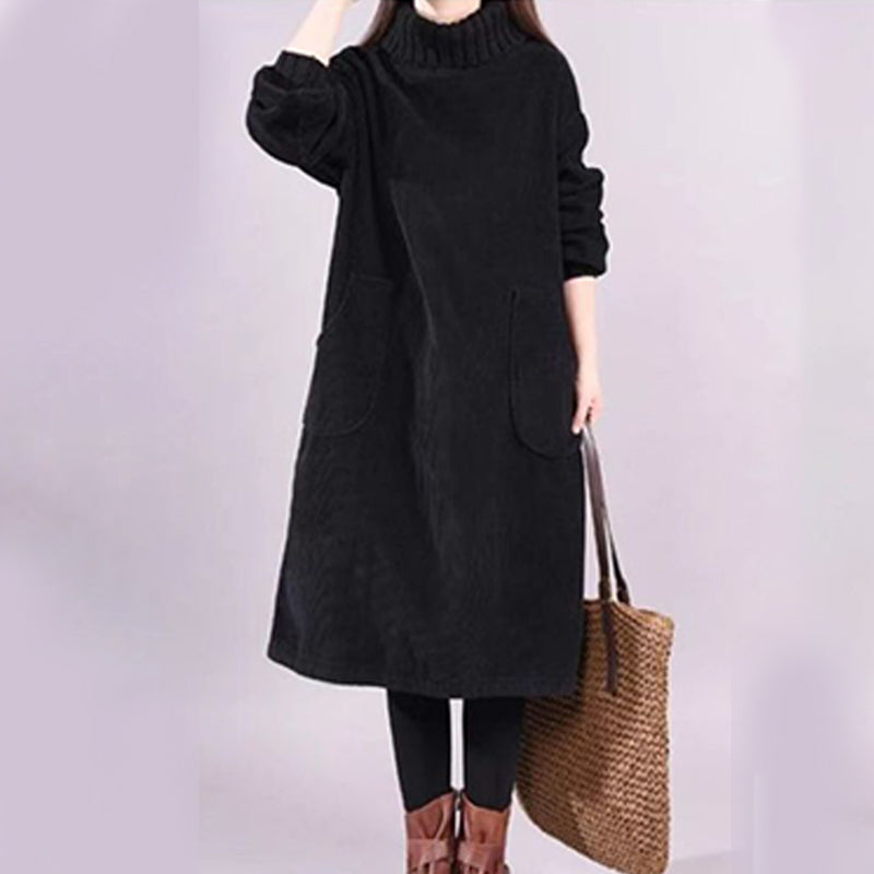 Women’s High Neck Loose Corduroy Maxi Dress