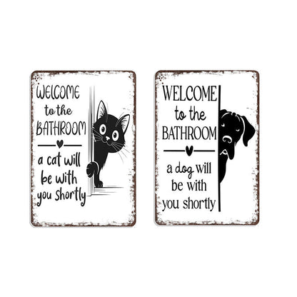 🎉 Vintage Black & White Cat & Dog Metal Sign – Humorous Bathroom Wall Decor, Tinplate Plaque, New Year 50% OFF 🛁🐾
