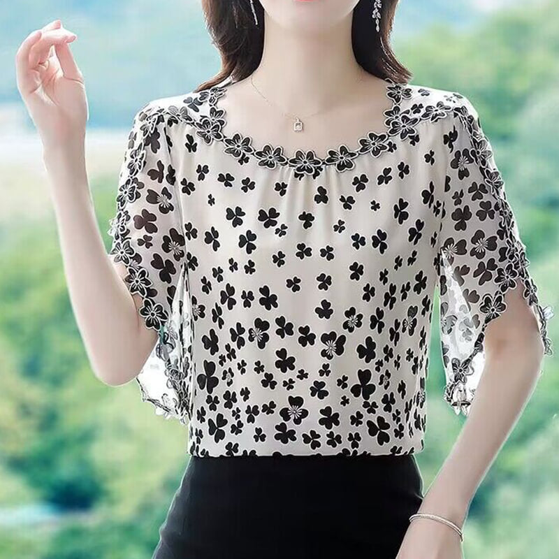 Woman Embroidered Petal Chiffon Shirt