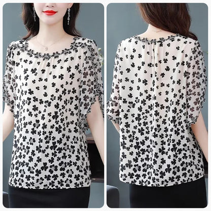 Woman Embroidered Petal Chiffon Shirt