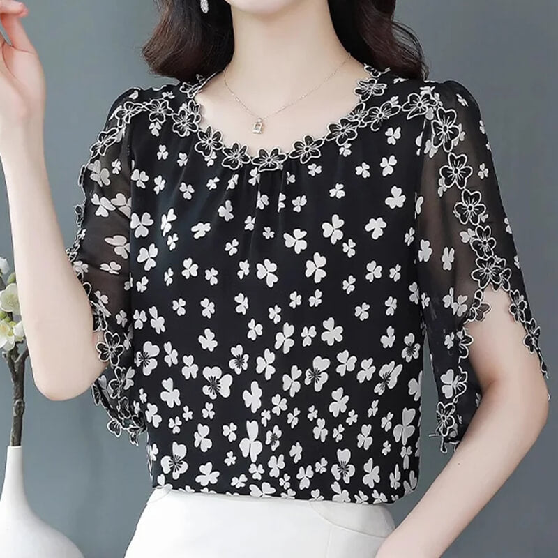 Woman Embroidered Petal Chiffon Shirt