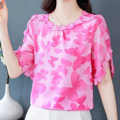 Woman Embroidered Petal Chiffon Shirt