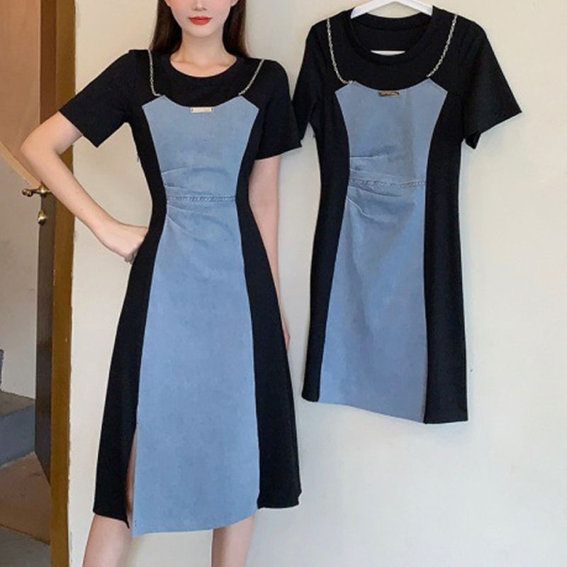 [Visually Slimming 5kg] Vintage Denim Spliced Fake 2-piece Dress