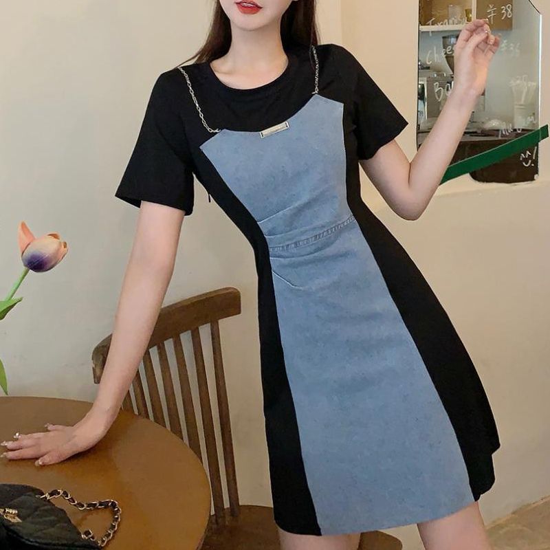 [Visually Slimming 5kg] Vintage Denim Spliced Fake 2-piece Dress