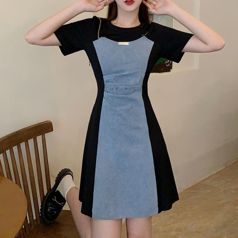 [Visually Slimming 5kg] Vintage Denim Spliced Fake 2-piece Dress